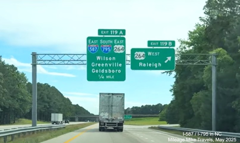 Image of new 1/4 Mile advance sign with I-587 shield on I-95 South C/D ramp in Wilson,
by Mileage Mike Travels, May 2025