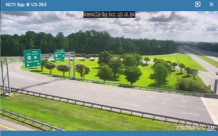 NCDOT traffic camera image of I-587 East exit on US 264 East/NC 11 Bypass 
	North, July 2022