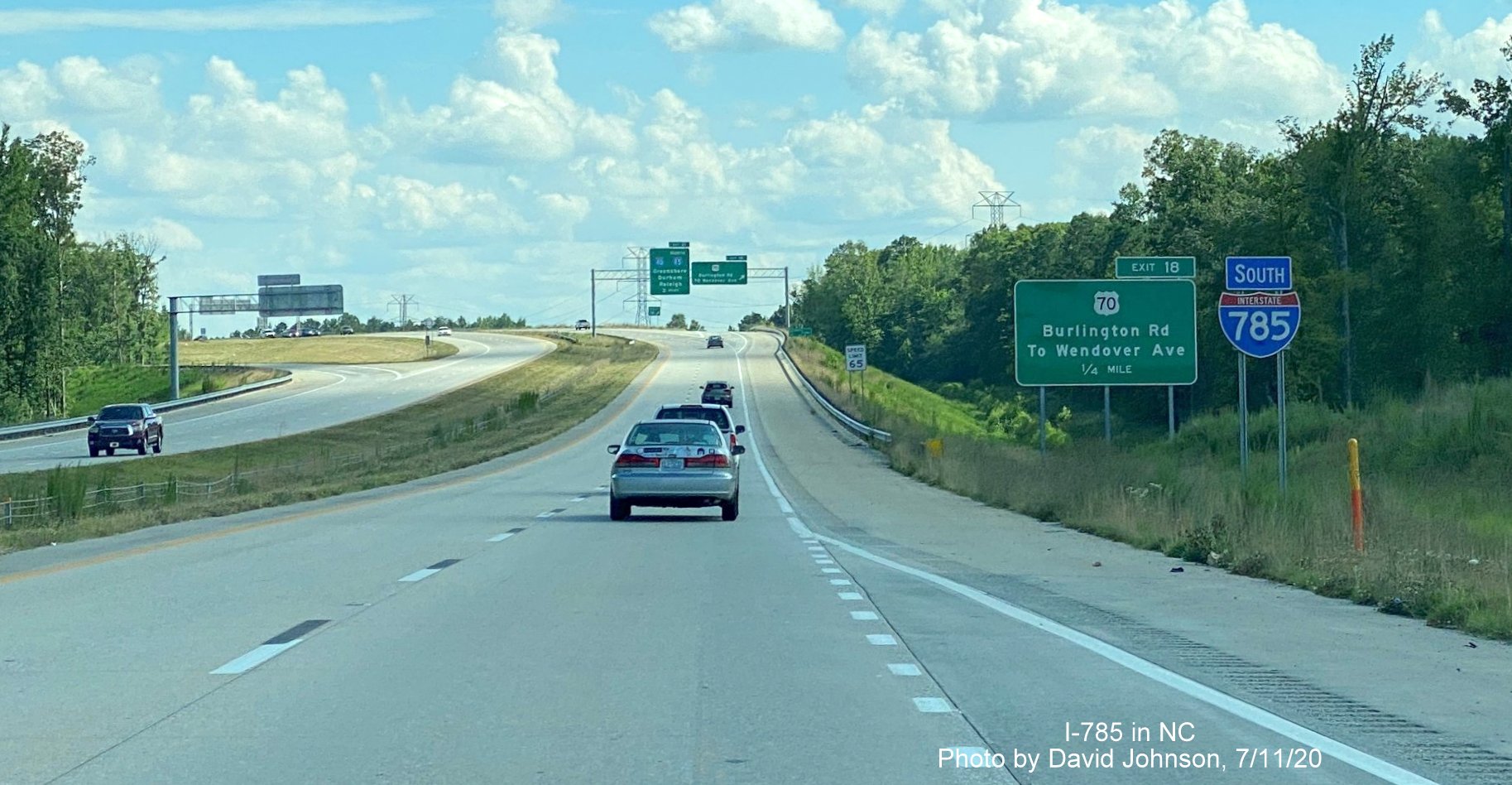 Image of South I-785 reassurance marker prior to 1/4 mile advance sign for US 70 exit on Greensboro Urban Loop, by David Johnson July 2020