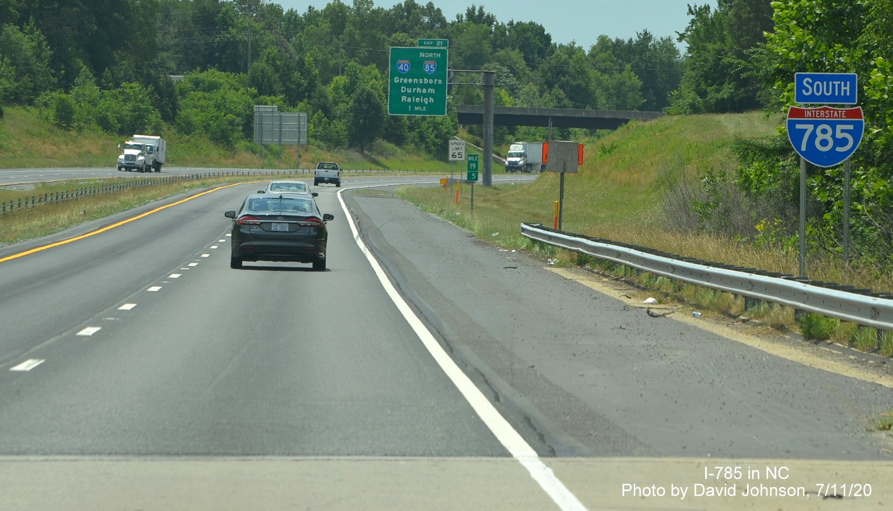 Image of last South I-785 reassurance marker following US 70 interchange on Greensboro Urban Loop, by David Johnson July 2020