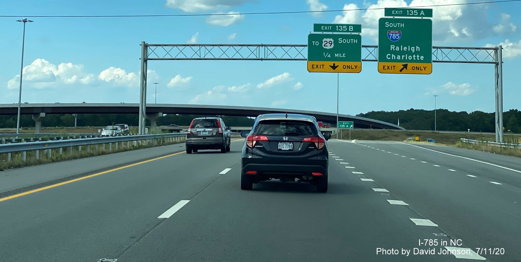 Image of overhead signage at ramp to I-785 South Greensboro Urban Loop on US 29 North, by David Johnson July 2020