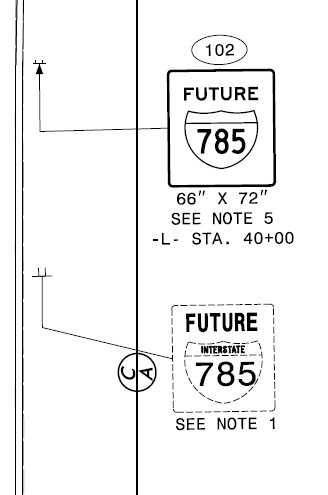 NCDOT sign image of planned new Future I-785 sign after Reedy Fork Parkway exit in Greensboro, April 2021