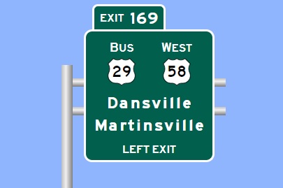 Sign Maker image of North US 29 Business/West US 58 exit on US 29 (Future I-785) North at Virginia border, made in January 2023