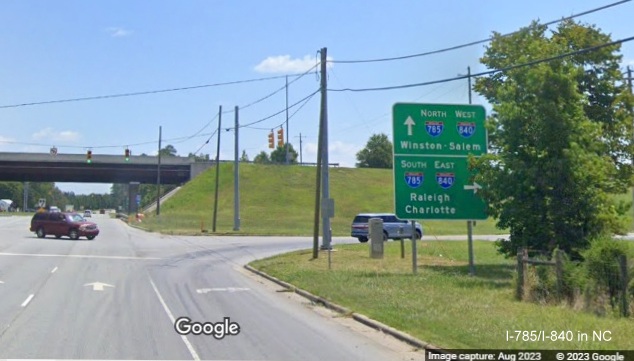 Image of new ramp signage with I-840 shield along US 70 East at Greensboro Urban Loop, Google Maps Street View image, August 2023