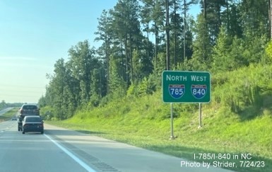 Image of newly placed North I-785/West I-840 reassurance marker sign placed after the I-85/I-40 exit 
                                                on Greensboro Urban Loop, photo by Strider, July 2023