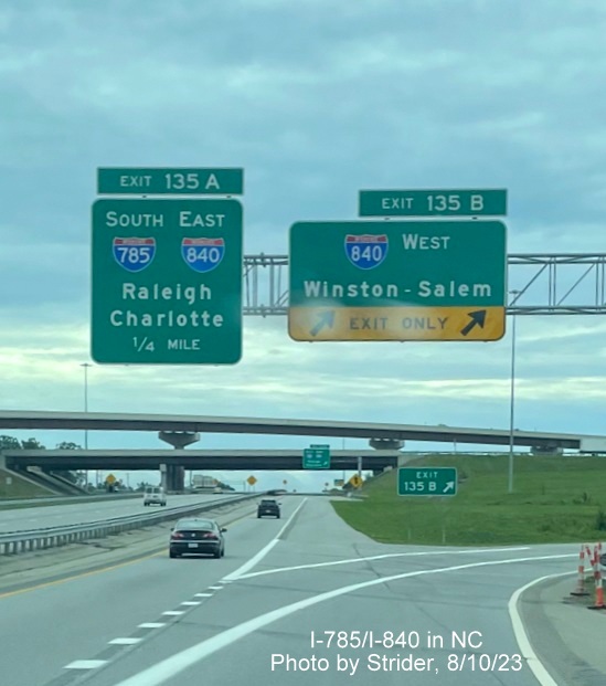 Image of overhead signage at Greensboro Loop C/D ramp, now with added I-840 West exit sign after Loop's completion on US 29 South, Strider, August 2023