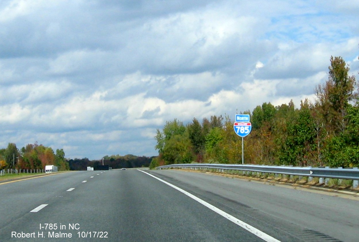 Image of North I-785 reassurance marker after I-85/I-40 exit on Greensboro 
                  Urban Loop, October 2022