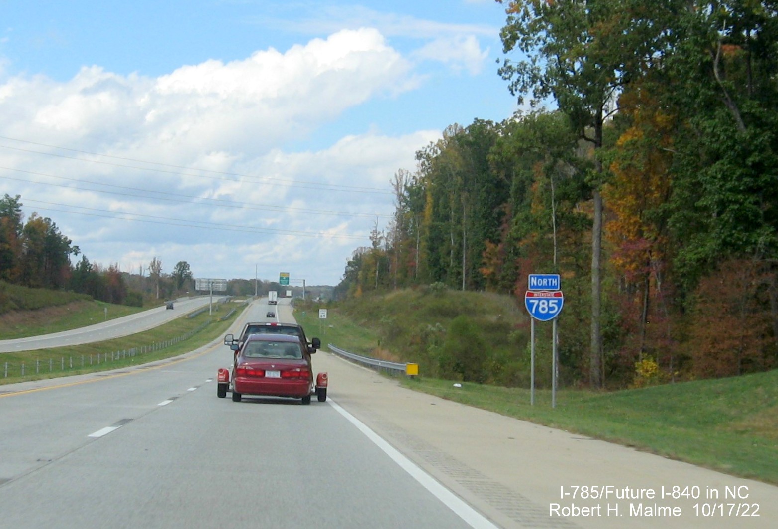 Image of North I-785 reassurance marker after Huffine Mill Road exit on Greensboro 
                  Urban Loop, October 2022