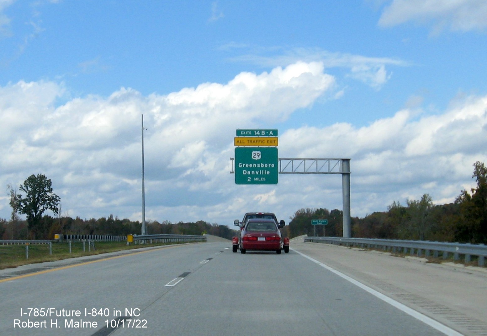 Image of 2 miles advance sign for US 29 (Future I-795 North) exit on Greensboro 
                  Urban Loop, October 2022