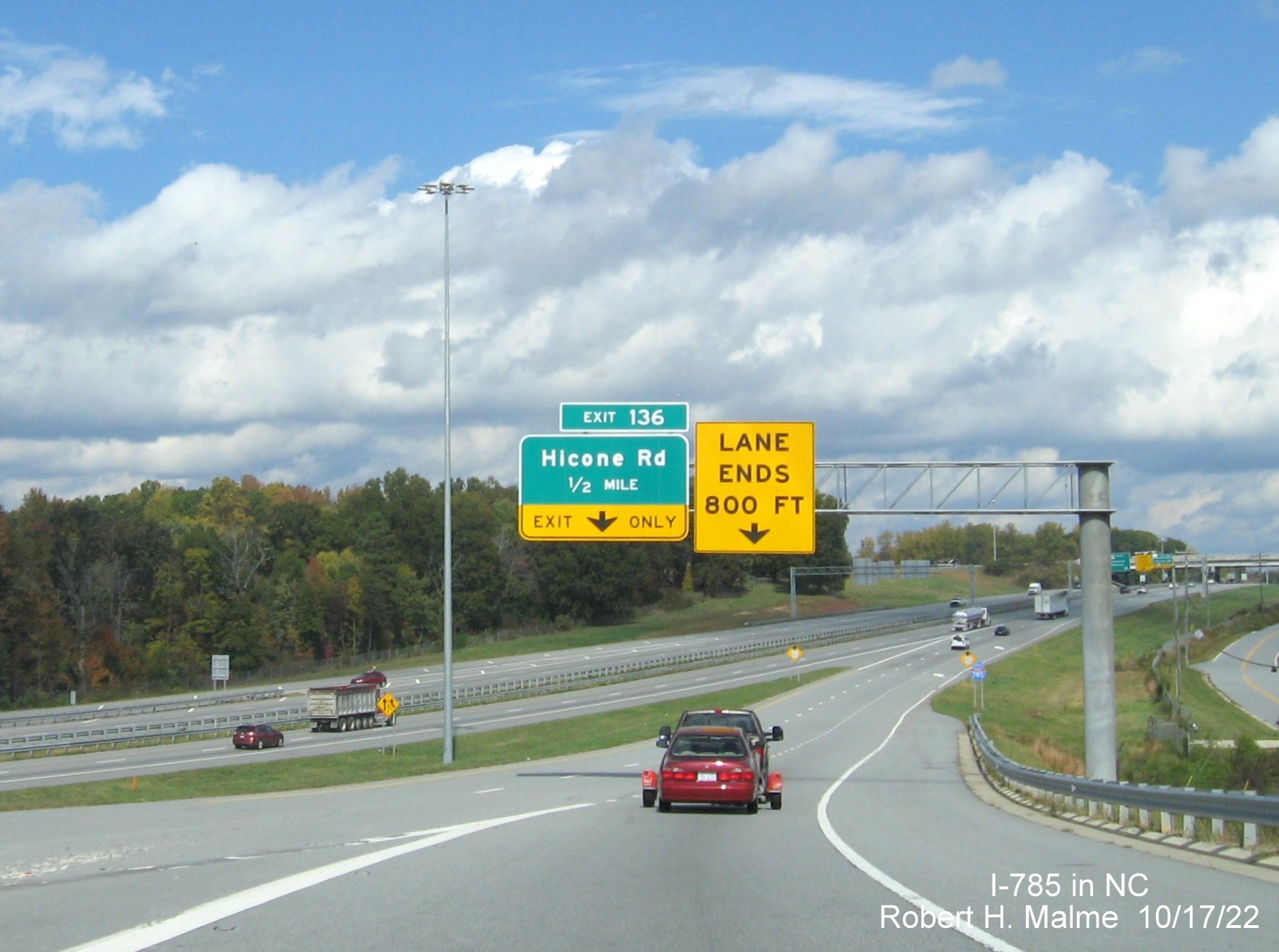 Image of 1/2 mile advance sign for Hicone Road exit on ramp to US 29 North (Future I-785) from Greensboro 
                  Urban Loop, October 2022