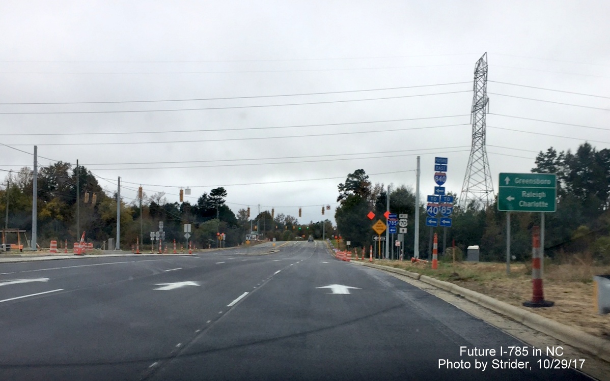 Image of interstate trailblazers on US 70 West, including new I-785 South at interchange with Greensboro Loop, by Strider