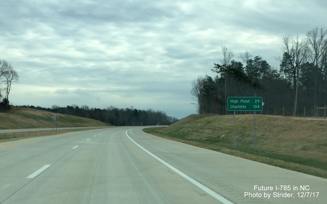 Image of first destination mileage guide sign on I-785/Greensboro Loop South beyond US 29 exit, by Strider