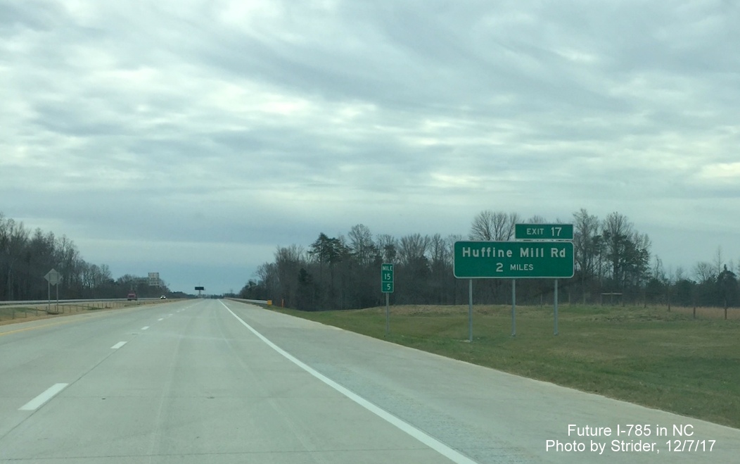 Image of 2 Mile advance sign for Huffine Mill Rd exit on I-785/Greensboro Loop south, by Strider