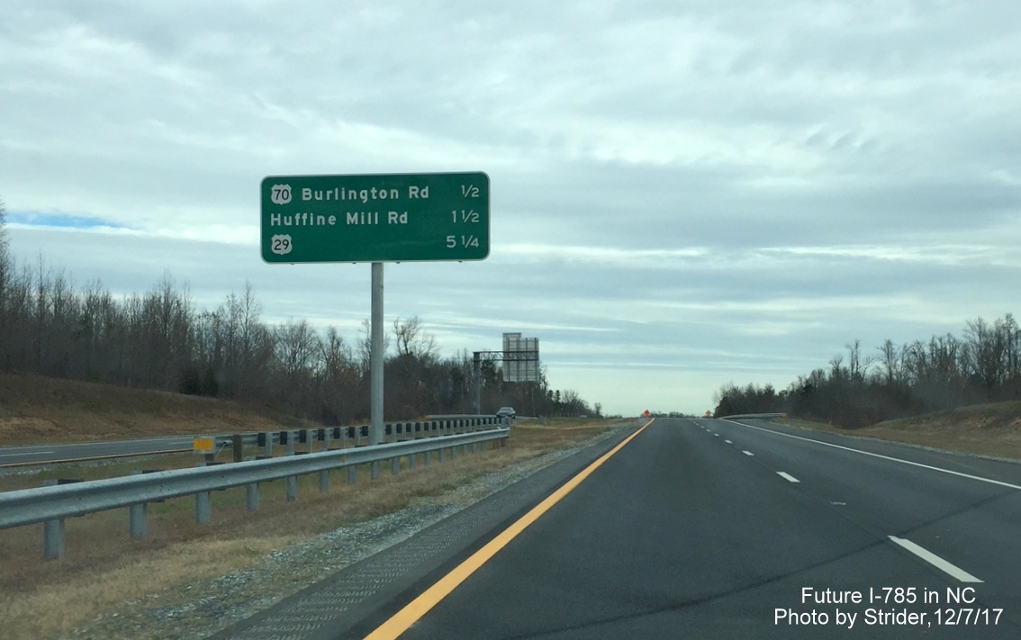 Image of new center median exit distance sign on I-785 North prior to the US 70 exit, by Strider
