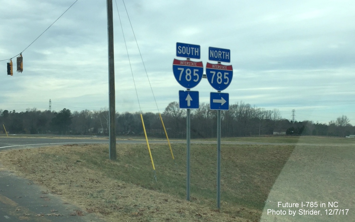 Image of two trailblazers for North and South I-785 sign on Huffine Mill Road interchange with Greensboro Loop, by Strider