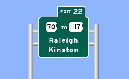 Image of I-795 Exit 22 sign for US 70 Goldsboro Bypass, by Sign Maker software, March 2024