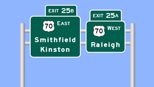 Image of I-795 US 70 Exit signs from sign maker software, March 2024