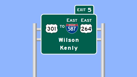 Image of future US 301 exit sign on I-795 North in Wilson, by Sign Maker software, March 2024