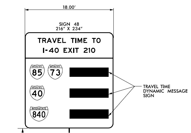 Image of NCDOT travel time advisory sign on I-85 South/I-40 West approaching Greensboro Loop exit