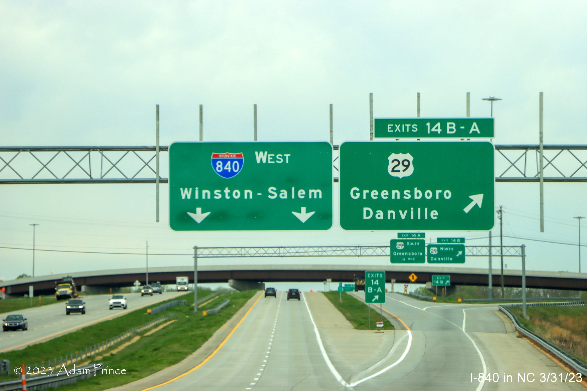 Image of I-840 West pull through sign at the US 29 (Future I-785 North) exit at the start of the 
            new section of I-840, Adam Prince, March 2023