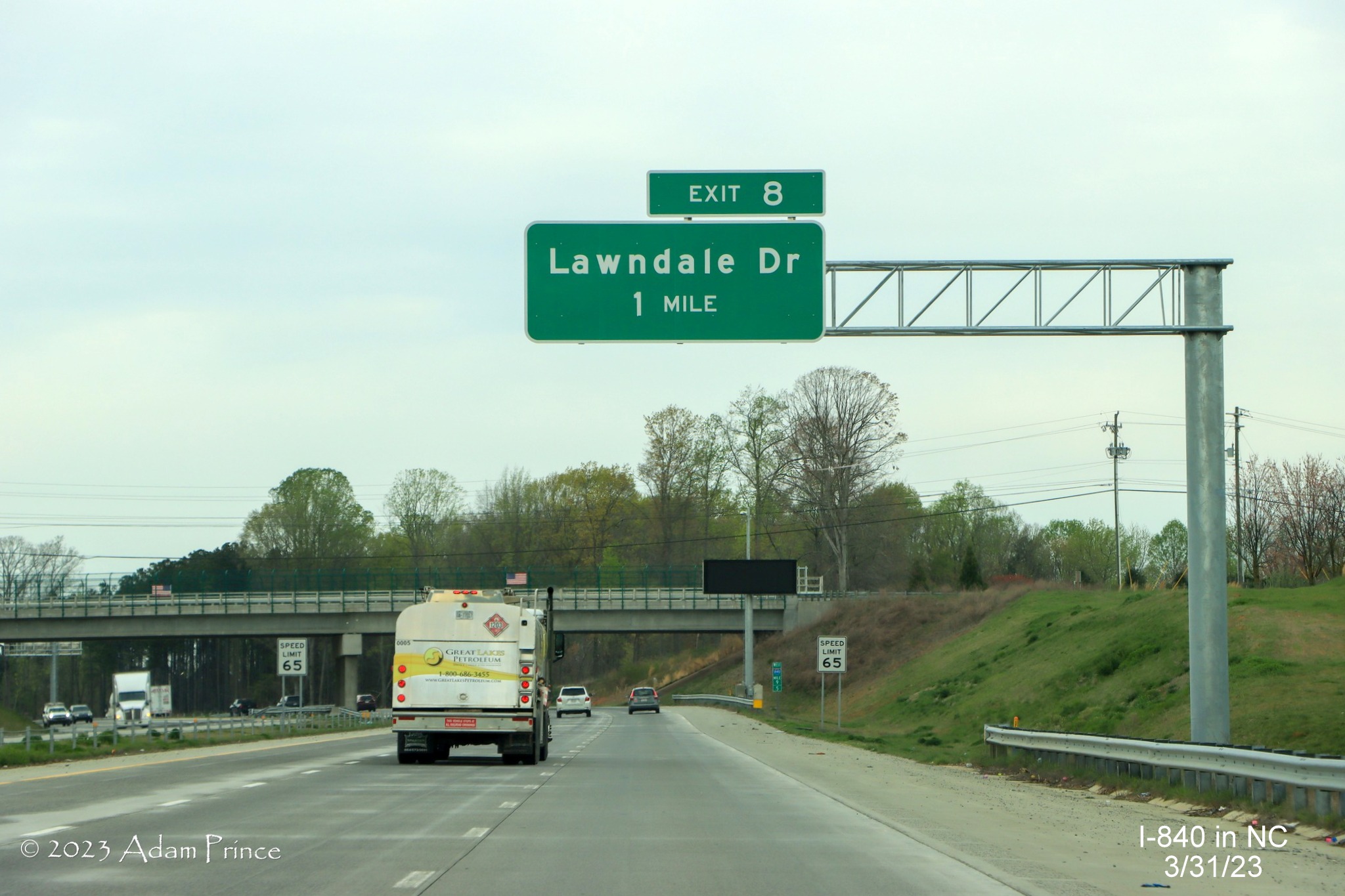 Image of 1 mile advance sign for Lawndale Drive exit on I-840 West/Greensboro Urban Loop, Adam Prince, 
             March 2023