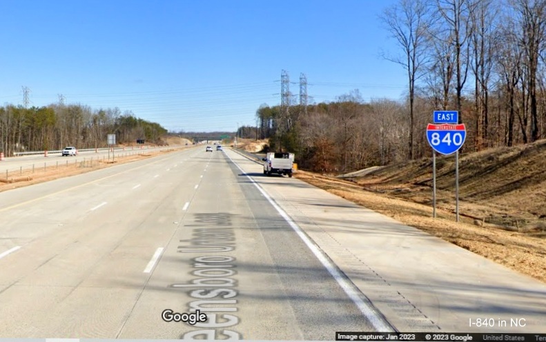 Image of East I-840 reassurance marker on Greensboro Urban Loop after North Elm Street, Google Maps Street View, January 2023