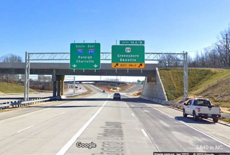 Image of overhead signage including I-785/I-840 pull through on                                   
        I-840 East/Greensboro Urban Loop at the US 29 exit, Google Maps Street View, January 2023