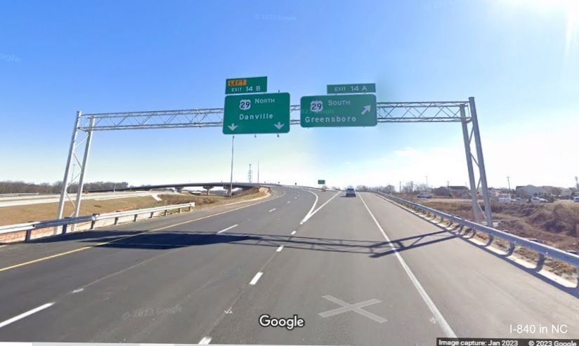 Image of overhead signage US 29 exit C/D ramp from                                
        I-840 East/Greensboro Urban Loop, Google Maps Street View, January 2023