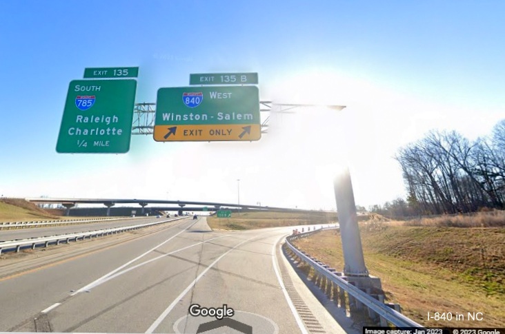 Image of overhead signage at future I-785 South/I-840 interchange                                   
        at the US 29 exit, Google Maps Street View, January 2023