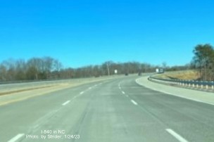 Image of new section of East I-840/Greensboro Urban Loop after Yanceyville Street exit, photo by Strider, January 2023