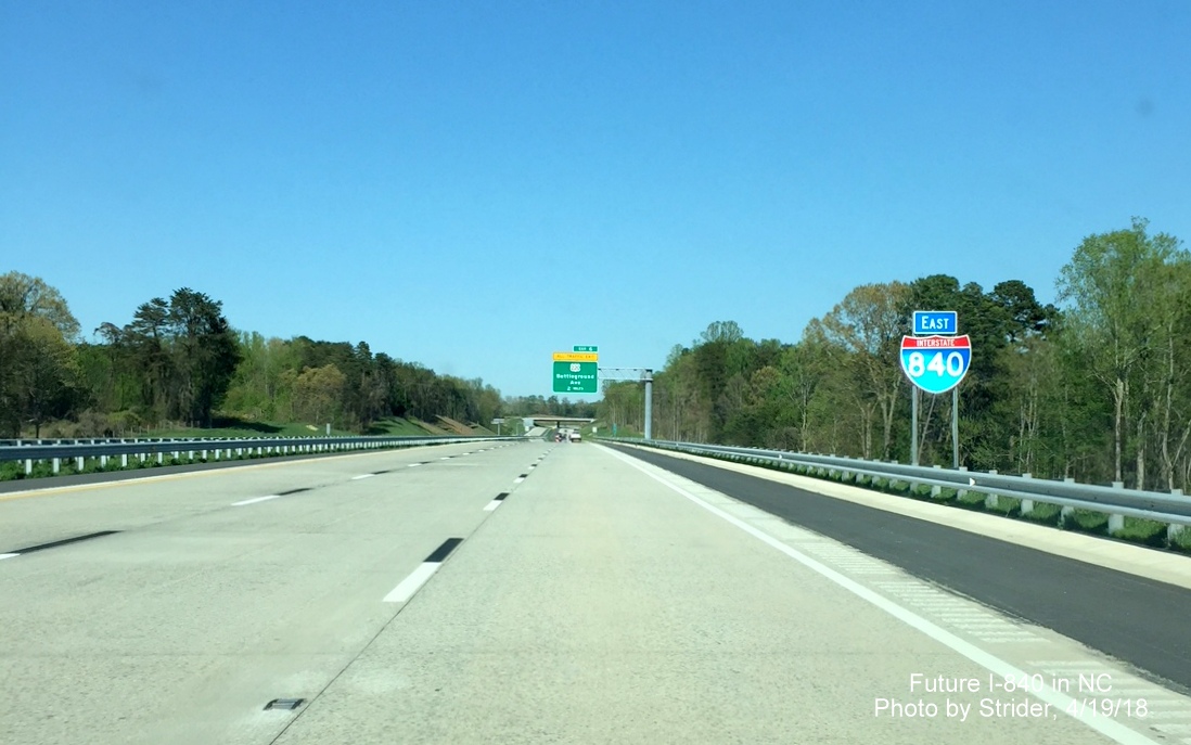 Image of first standalone I-840 East reassurance marker on newly opened section of Greensboro Urban Loop, by Strider