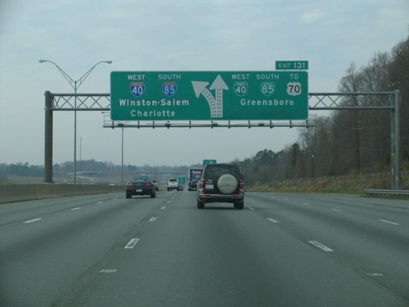 Image of exit signage on I-85 South/I-40 West after opening of SW section of Greesnboro Loop in 2008, by Adam Prince