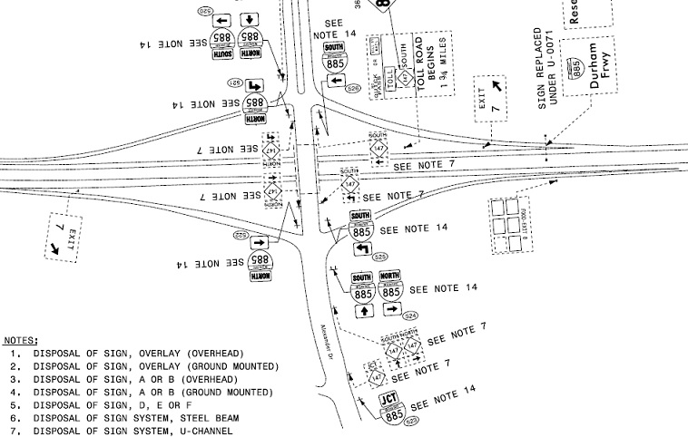 Image of plan for new ground mounted I-885 signage at Alexander Drive exit, NCDOT May 2020