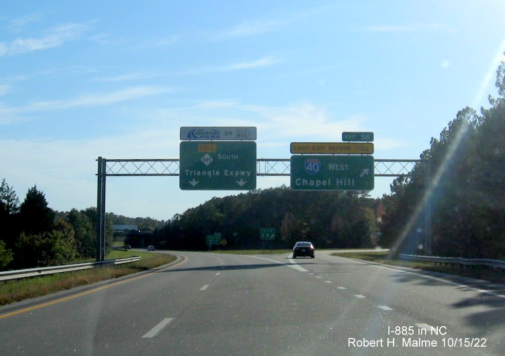 Image of Toll Road 1/2 mile advisory sign on South I-885/Durham Freeway, October 2022
