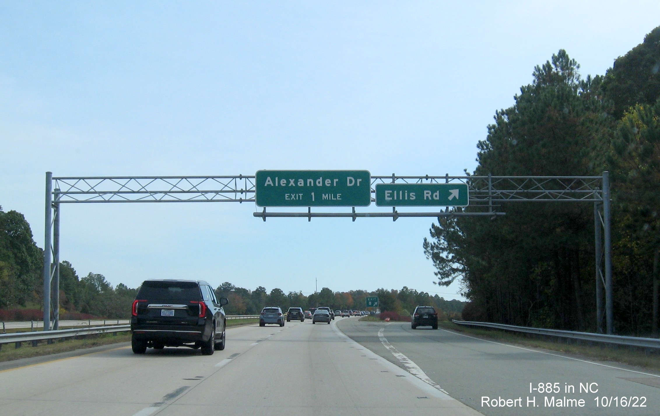 Image of overhead signage at ramp for Ellis Road exit on South I-885/Durham Freeway, October 2022