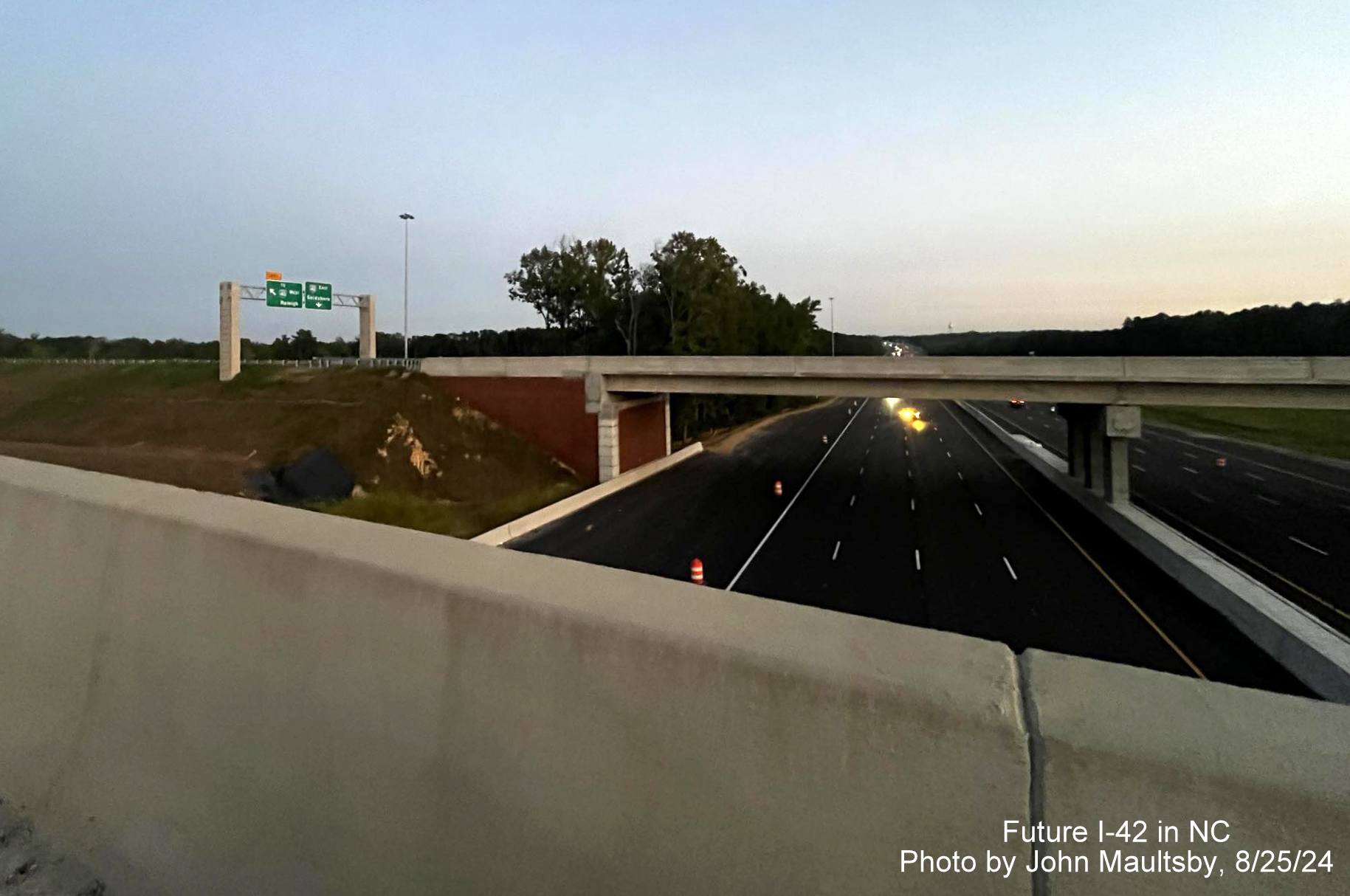 Image of new I-42 shield on overhead ramp sign along currently unopened
section of NC 540 Turbine interchange, by John Maultsby, August 2024