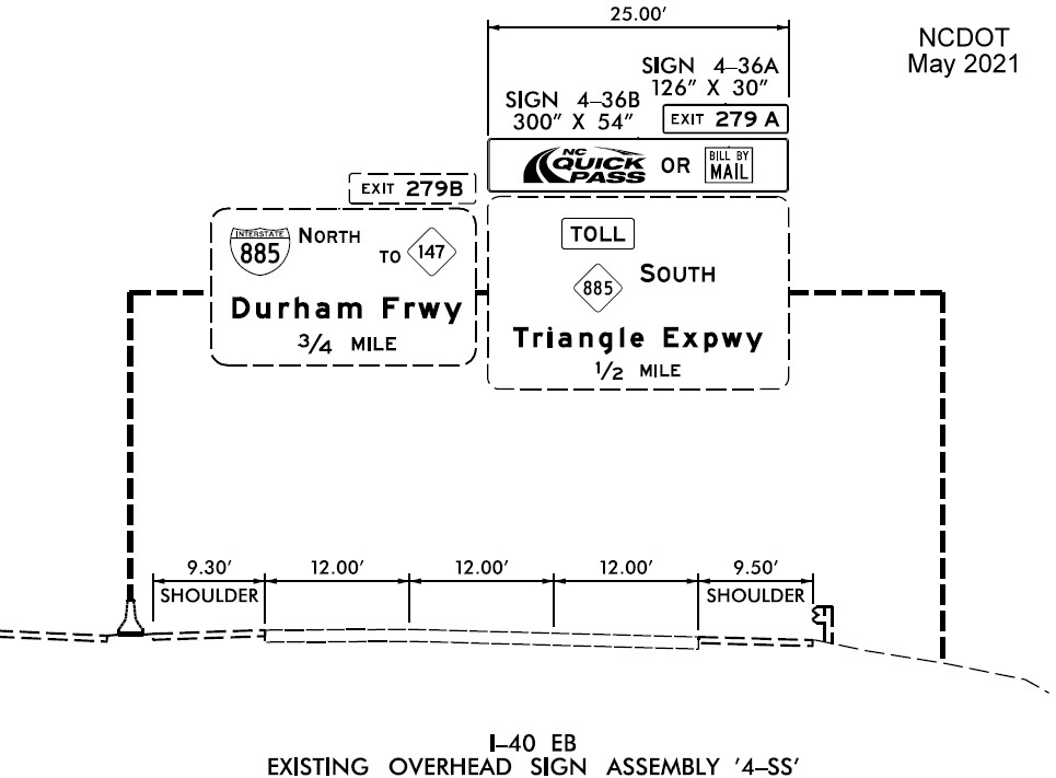 Image of sign plan for I-885 and Toll NC 885 exits on I-40 East in Durham, NCDOT, May 2021